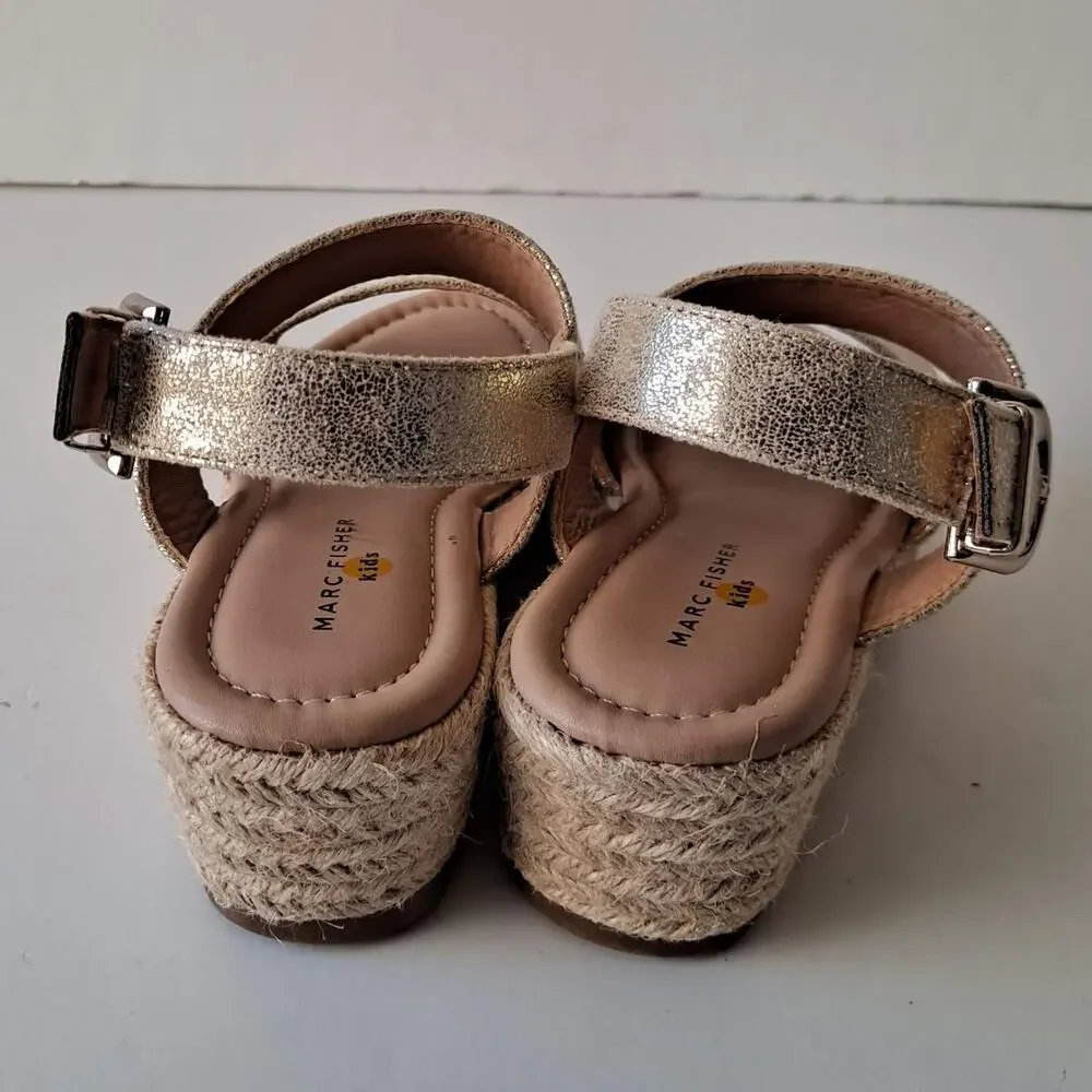 Marc Fisher Marrel Shimmer Strappy Espadrille Wedge Sandals Gold Girls Size 2